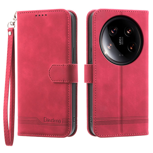 DIERFENG DF-03 Wallet Case for Xiaomi 14 Ultra Phone Shell Lines Imprinted Flip Stand Cover - Red