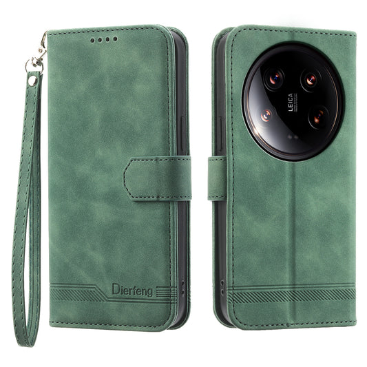 DIERFENG DF-03 Wallet Case for Xiaomi 14 Ultra Phone Shell Lines Imprinted Flip Stand Cover - Green