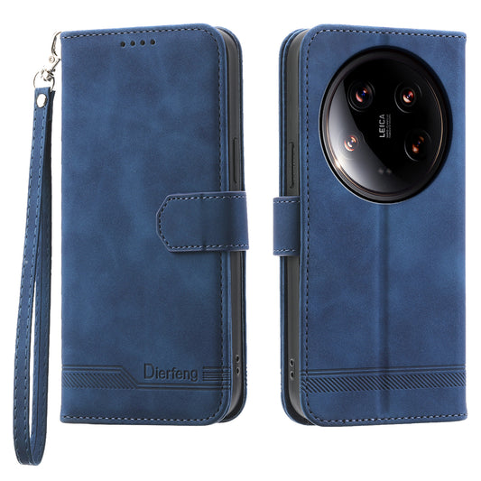 DIERFENG DF-03 Wallet Case for Xiaomi 14 Ultra Phone Shell Lines Imprinted Flip Stand Cover - Blue