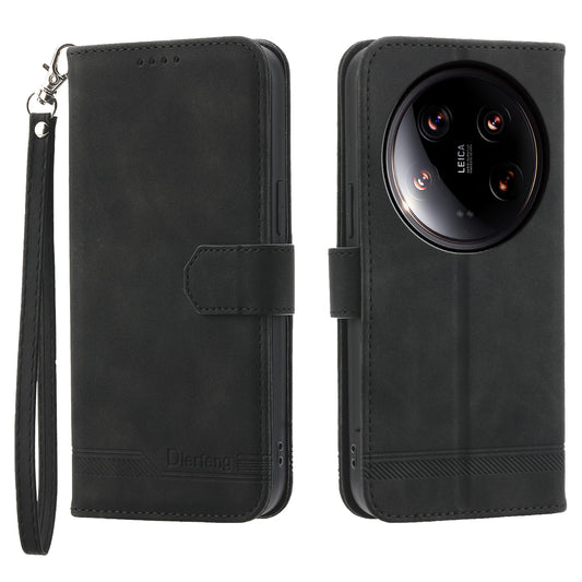 DIERFENG DF-03 Wallet Case for Xiaomi 14 Ultra Phone Shell Lines Imprinted Flip Stand Cover - Black