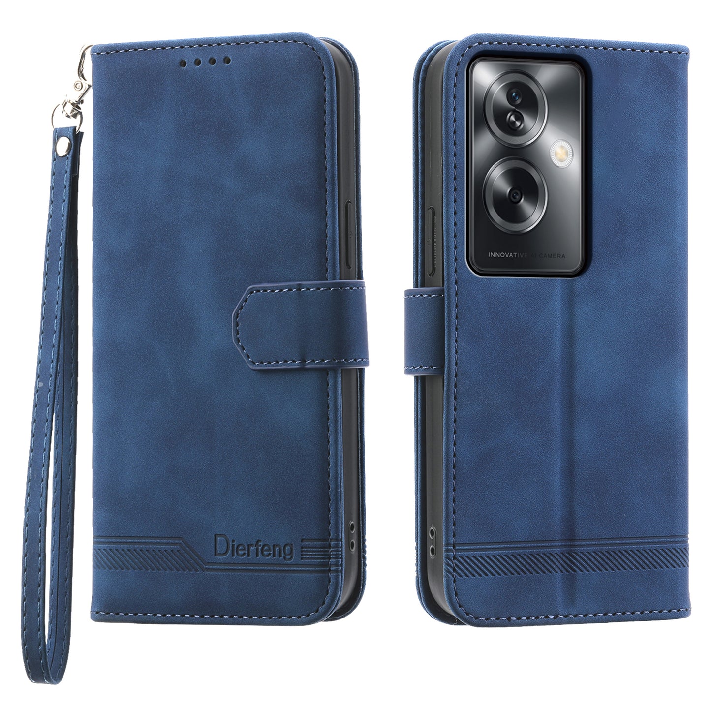 DIERFENG DF-03 Phone Stand Cover for Oppo A2 5G / A79 5G Shell Lines Imprinted Leather Case - Blue