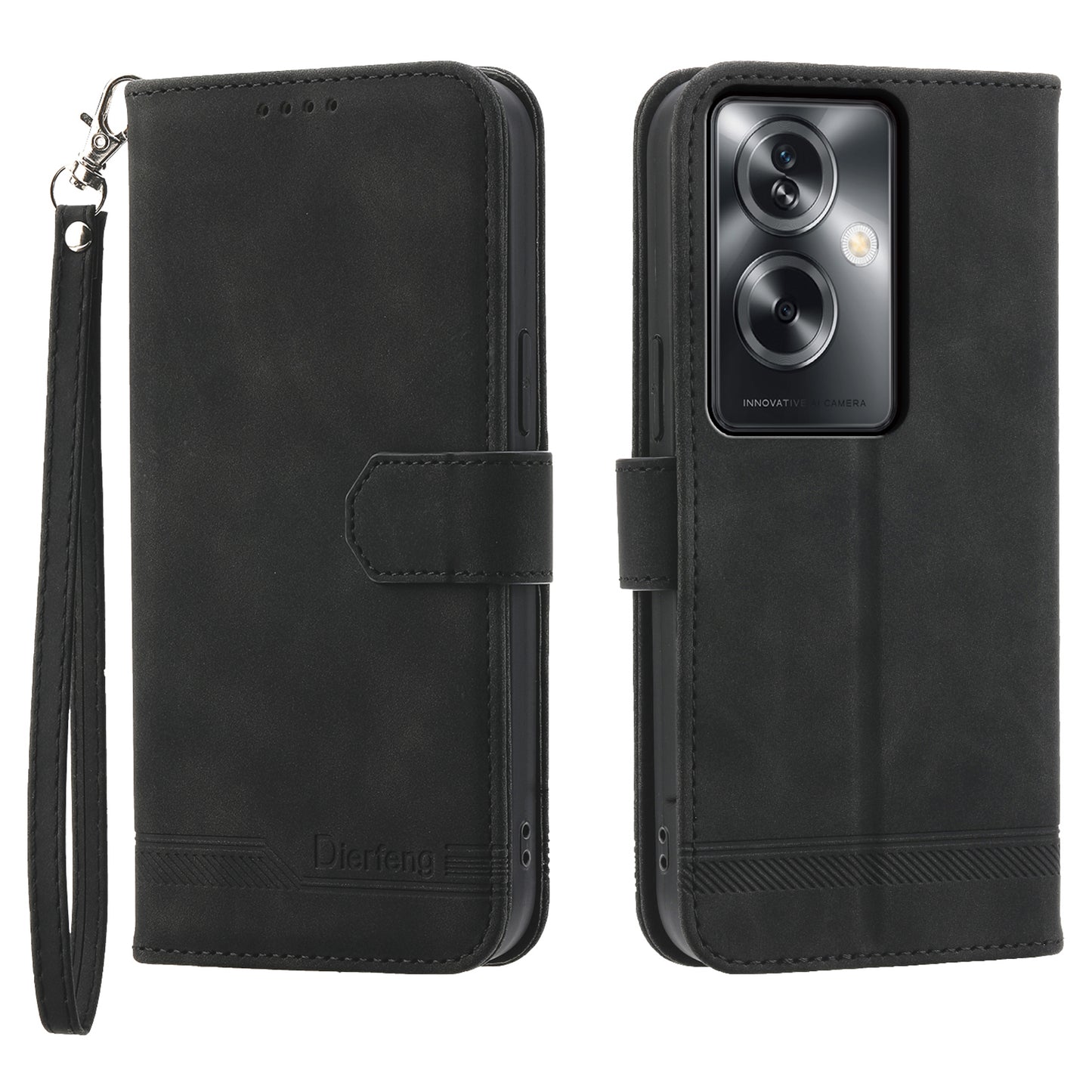 DIERFENG DF-03 Phone Stand Cover for Oppo A2 5G / A79 5G Shell Lines Imprinted Leather Case - Black