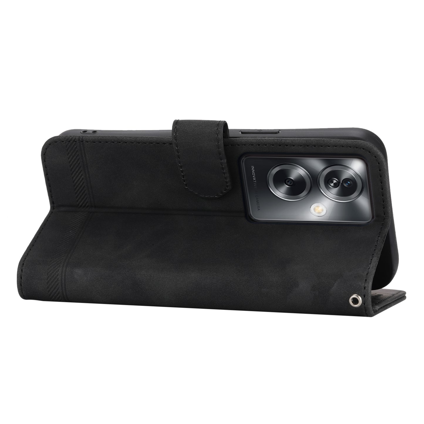 DIERFENG DF-03 Phone Stand Cover for Oppo A2 5G / A79 5G Shell Lines Imprinted Leather Case - Black