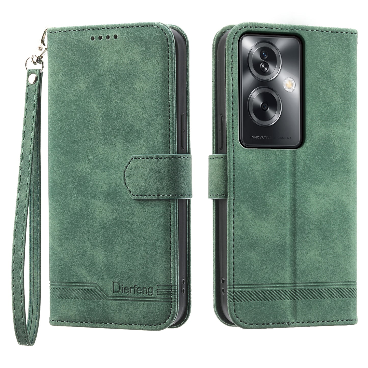 DIERFENG DF-03 Phone Stand Cover for Oppo A2 5G / A79 5G Shell Lines Imprinted Leather Case - Green
