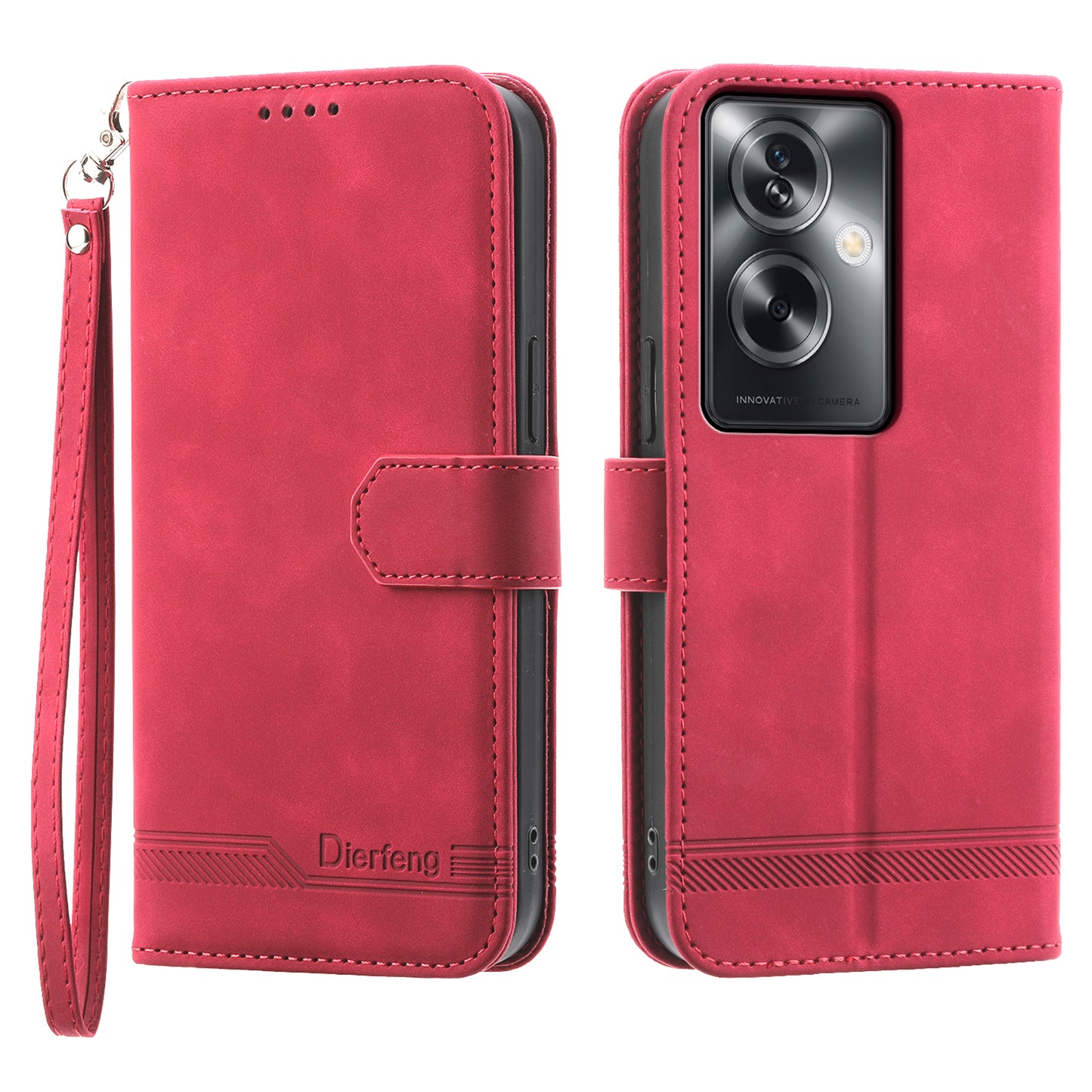DIERFENG DF-03 Phone Stand Cover for Oppo A2 5G / A79 5G Shell Lines Imprinted Leather Case - Red
