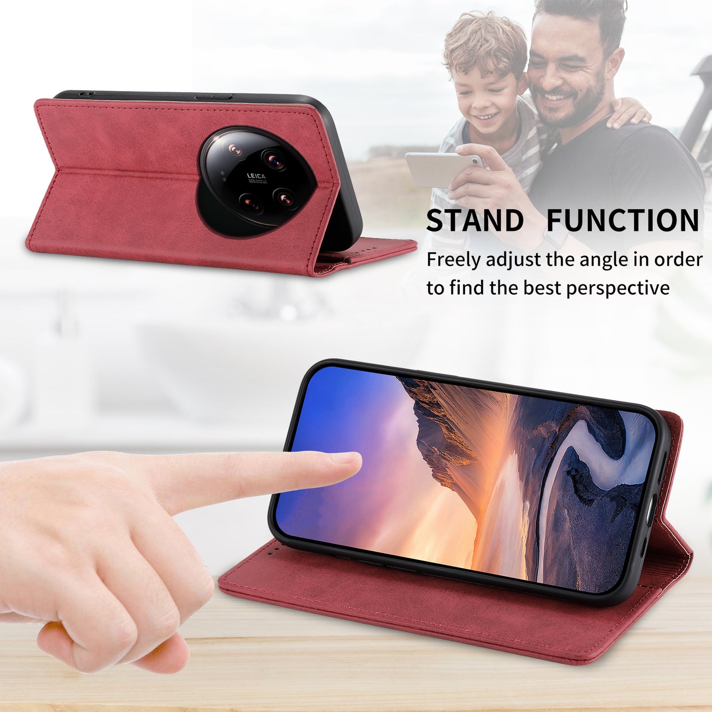 DF-05 For Xiaomi 14 Ultra Case Shockproof PU Leather Business Phone Cover with Stand Function - Red