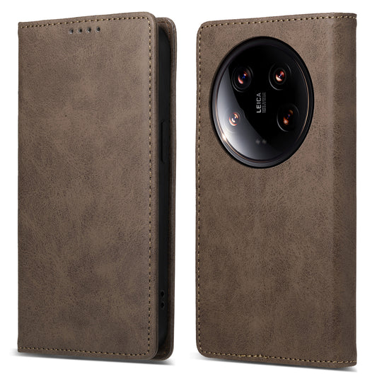 DF-05 For Xiaomi 14 Ultra Case Shockproof PU Leather Business Phone Cover with Stand Function - Brown