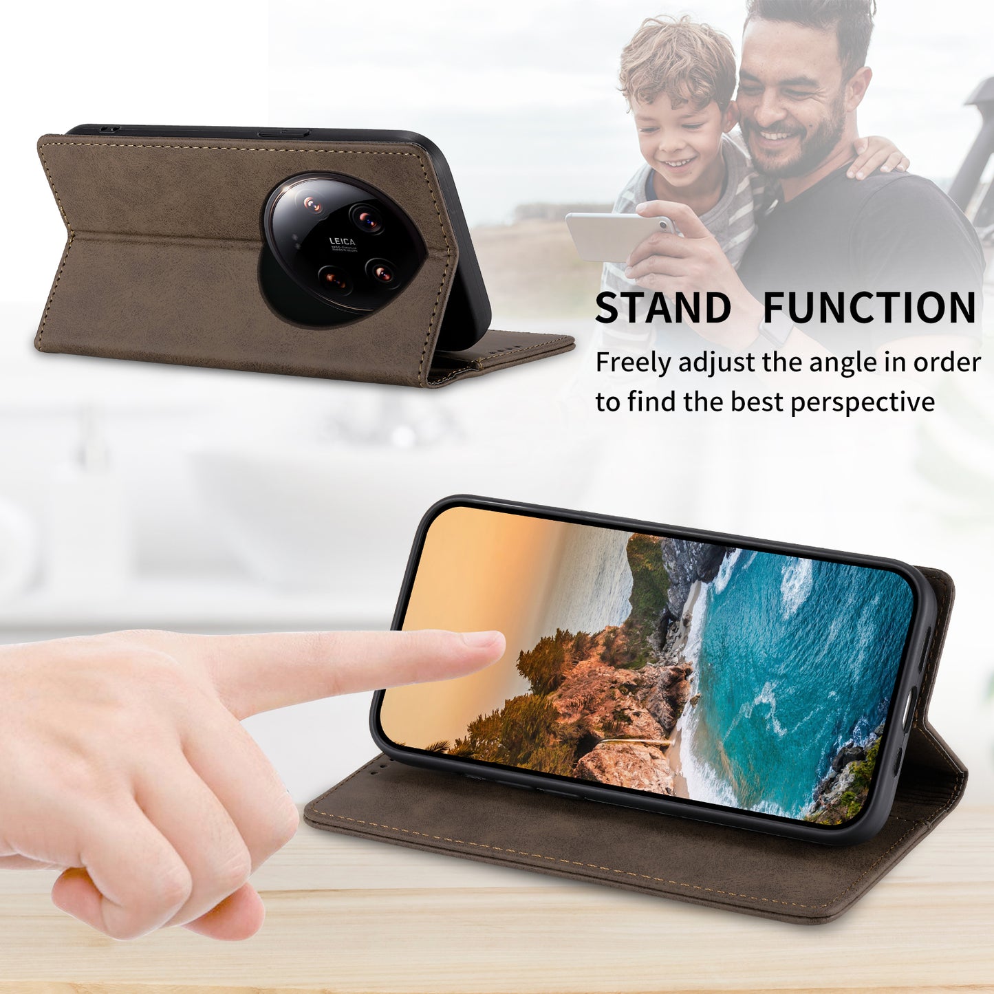 DF-05 For Xiaomi 14 Ultra Case Shockproof PU Leather Business Phone Cover with Stand Function - Brown