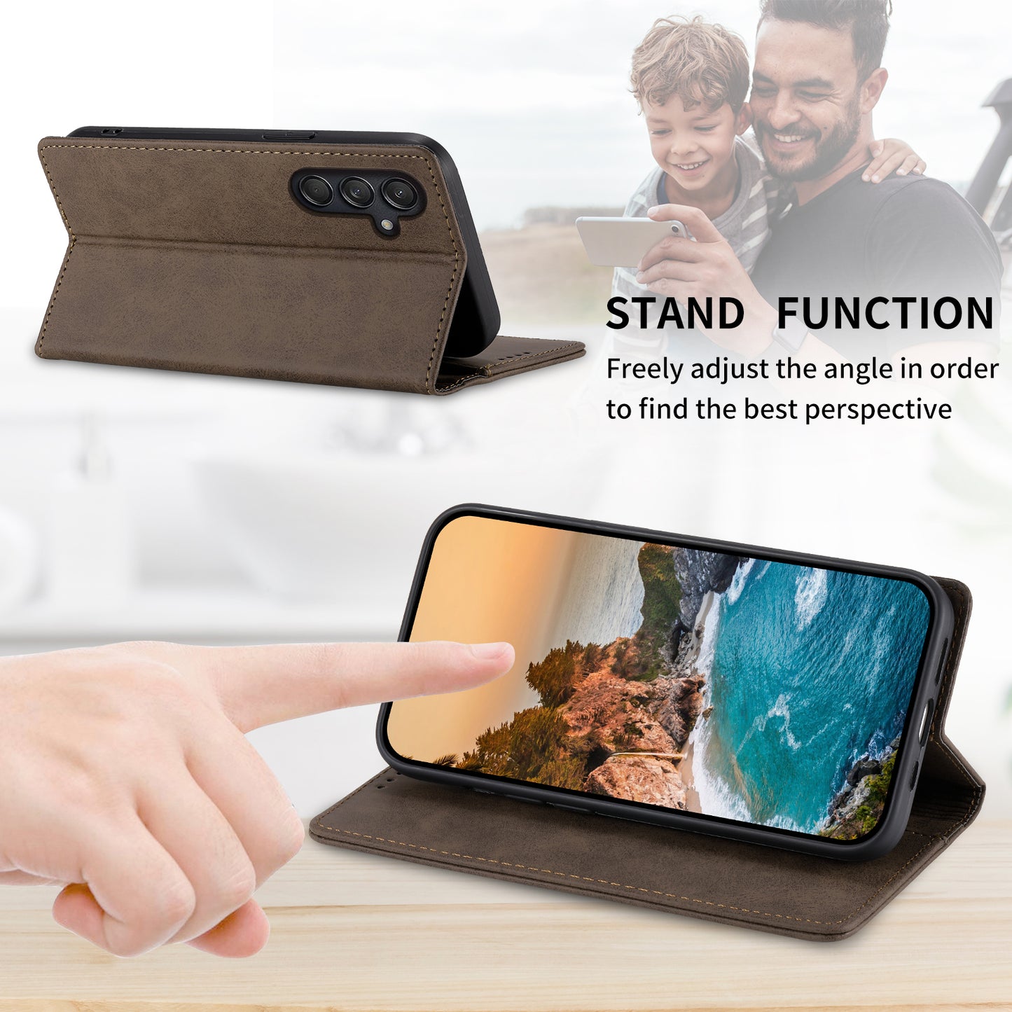DF-05 For Samsung Galaxy M55 5G Case RFID Blocking Magnetic Closure Leather Phone Cover - Brown
