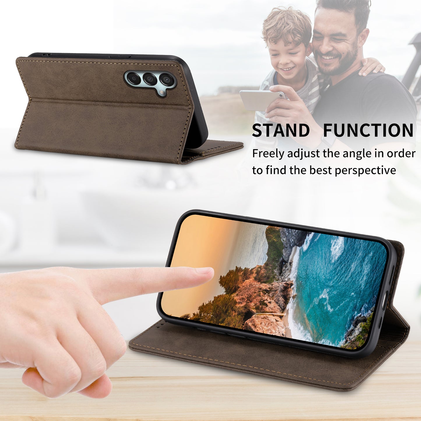 DF-05 For Samsung Galaxy M15 5G / F15 5G Case PU Leather Hidden Magnet Folio Phone Cover - Brown