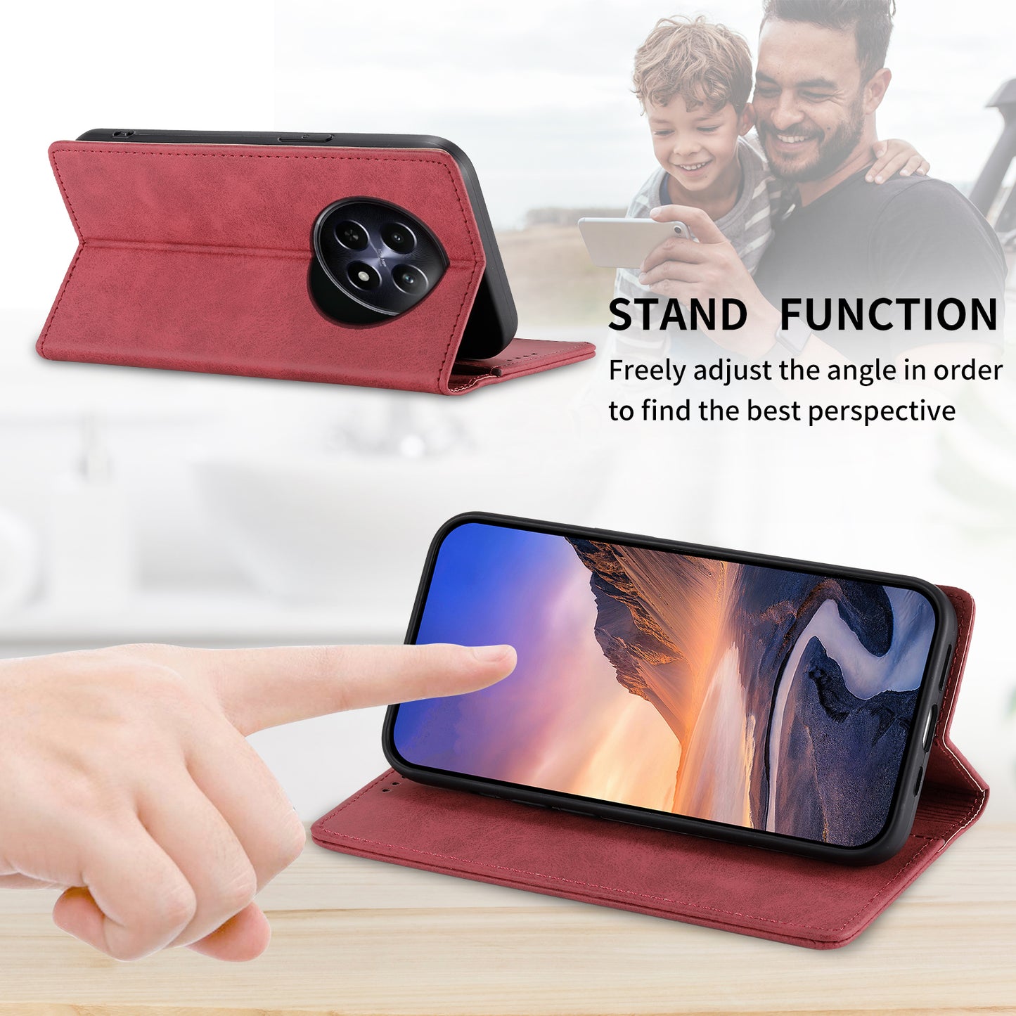 DF-05 For Realme 12 / 12x 5G Business Case PU Leather RFID Blocking Wallet Phone Cover - Red