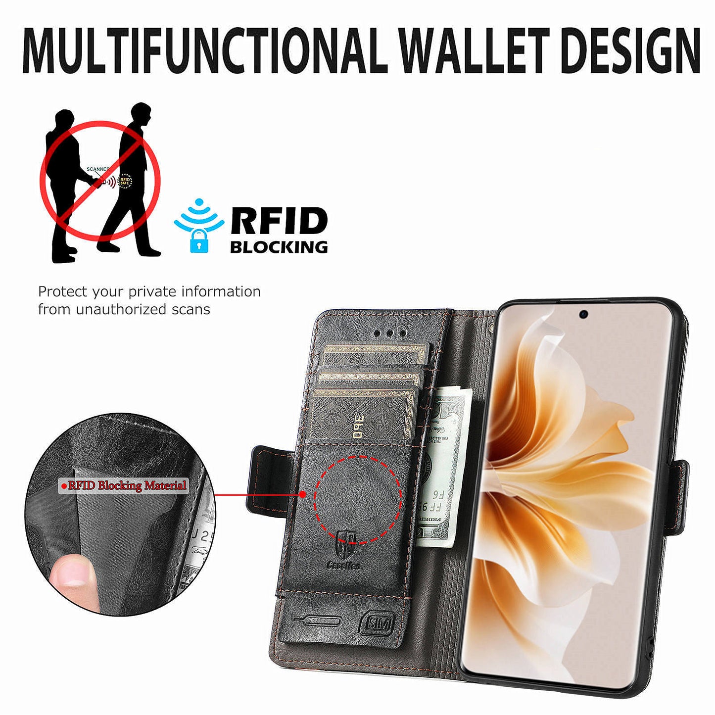 CASENEO 002 Series For Oppo Reno11 Pro 5G (Global) Leather Case Wallet Design Splicing Smart Phone Cover - Black