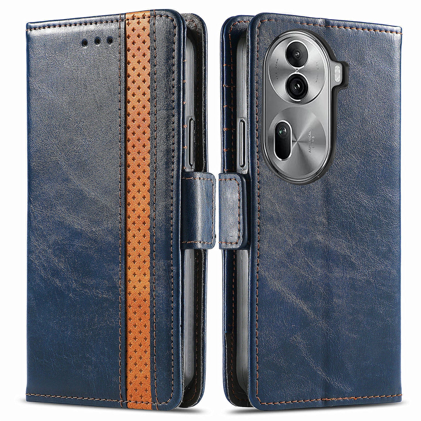 CASENEO 002 Series For Oppo Reno11 Pro 5G (Global) Leather Case Wallet Design Splicing Smart Phone Cover - Dark Blue