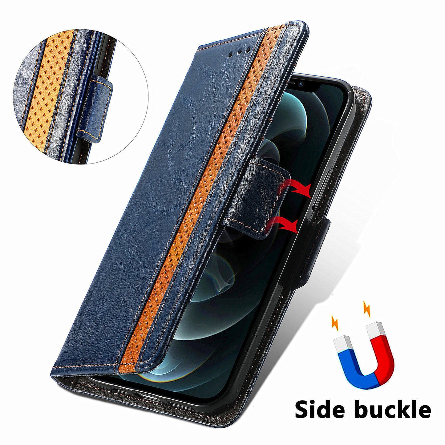CASENEO 002 Series For Oppo Reno11 Pro 5G (Global) Leather Case Wallet Design Splicing Smart Phone Cover - Dark Blue
