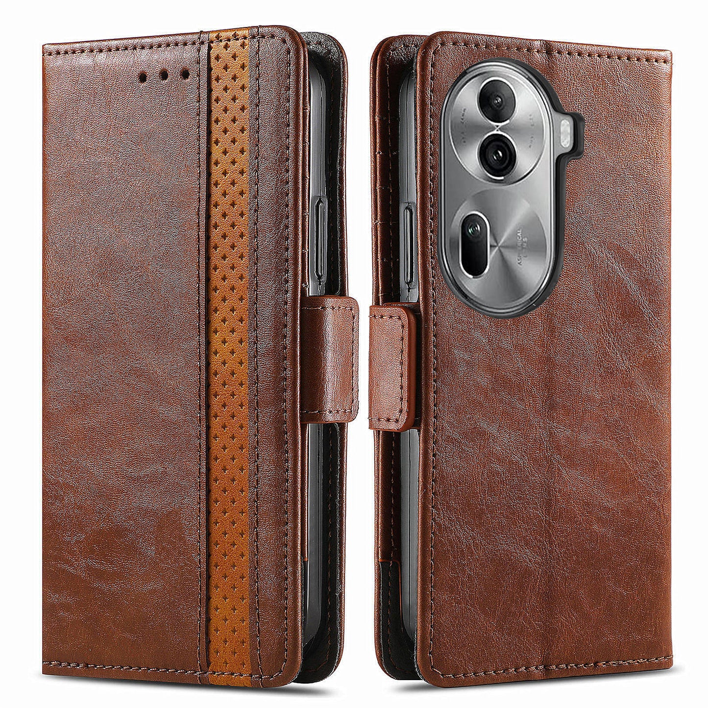 CASENEO 002 Series For Oppo Reno11 Pro 5G (Global) Leather Case Wallet Design Splicing Smart Phone Cover - Dark Brown