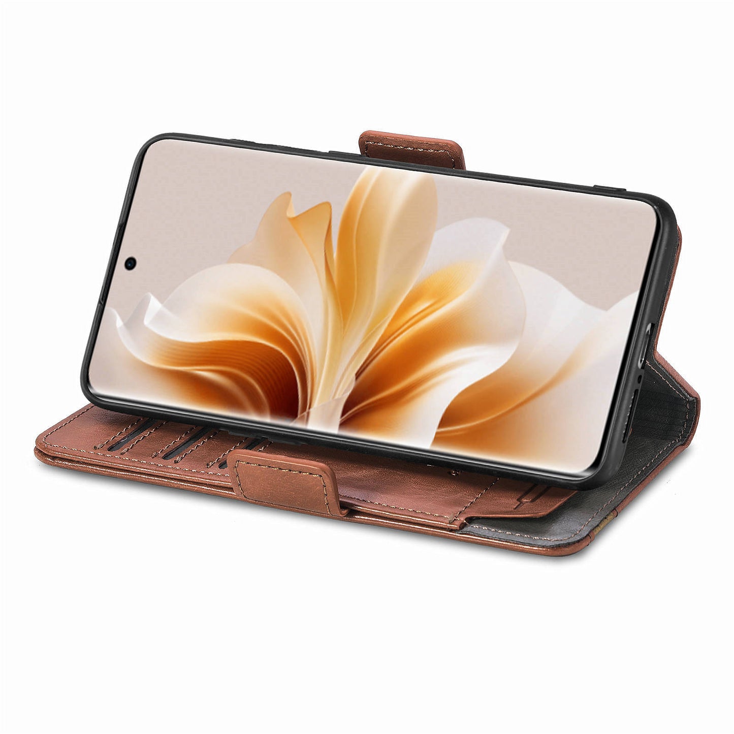 CASENEO 002 Series For Oppo Reno11 Pro 5G (Global) Leather Case Wallet Design Splicing Smart Phone Cover - Dark Brown