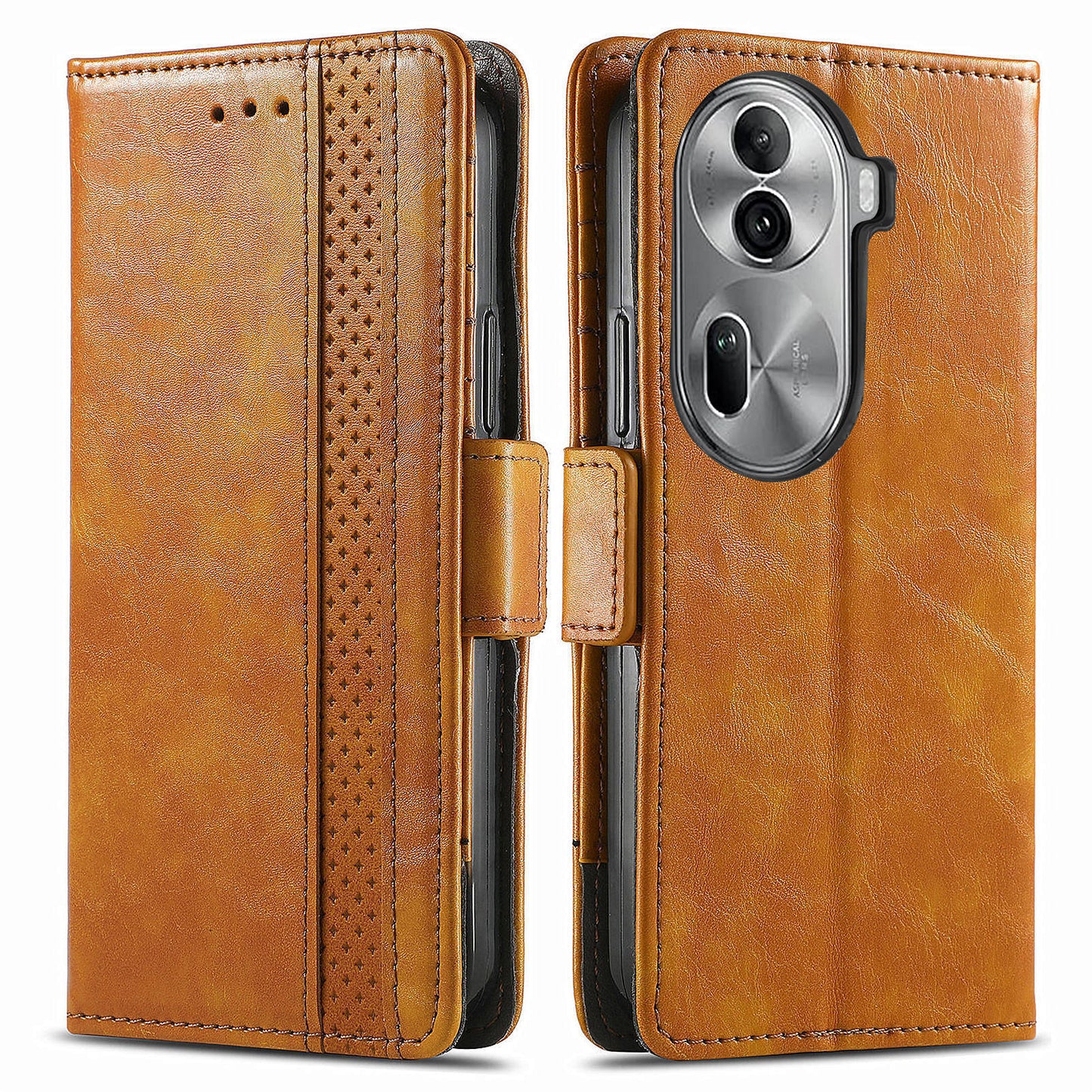 CASENEO 002 Series For Oppo Reno11 Pro 5G (Global) Leather Case Wallet Design Splicing Smart Phone Cover - Light Brown