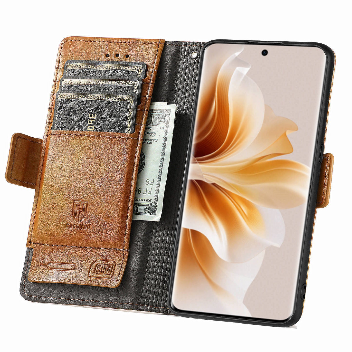 CASENEO 002 Series For Oppo Reno11 Pro 5G (Global) Leather Case Wallet Design Splicing Smart Phone Cover - Light Brown