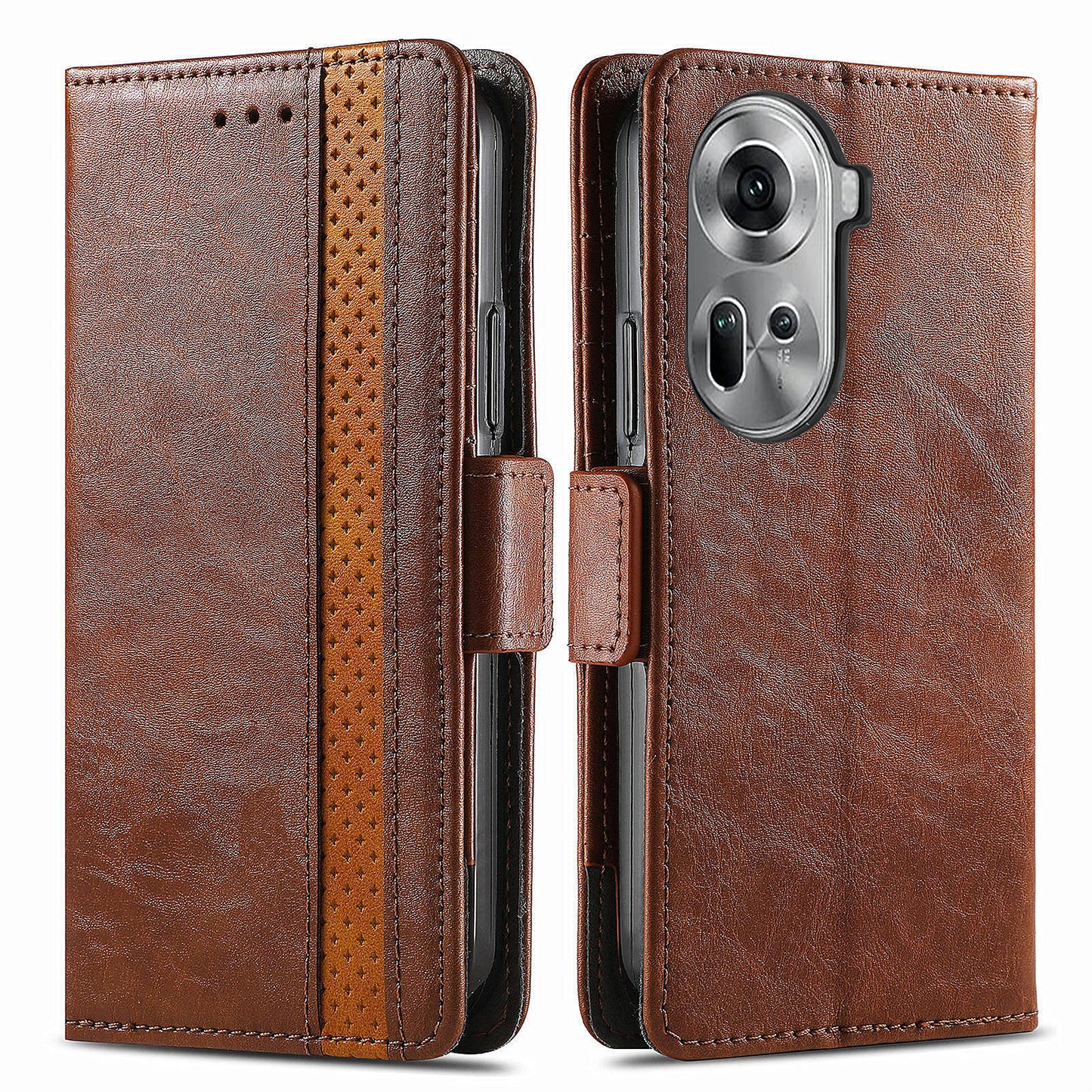 CASENEO 002 Series For Oppo Reno11 5G (Global) Wallet Case Design Splicing Leather Smart Phone Cover - Dark Brown