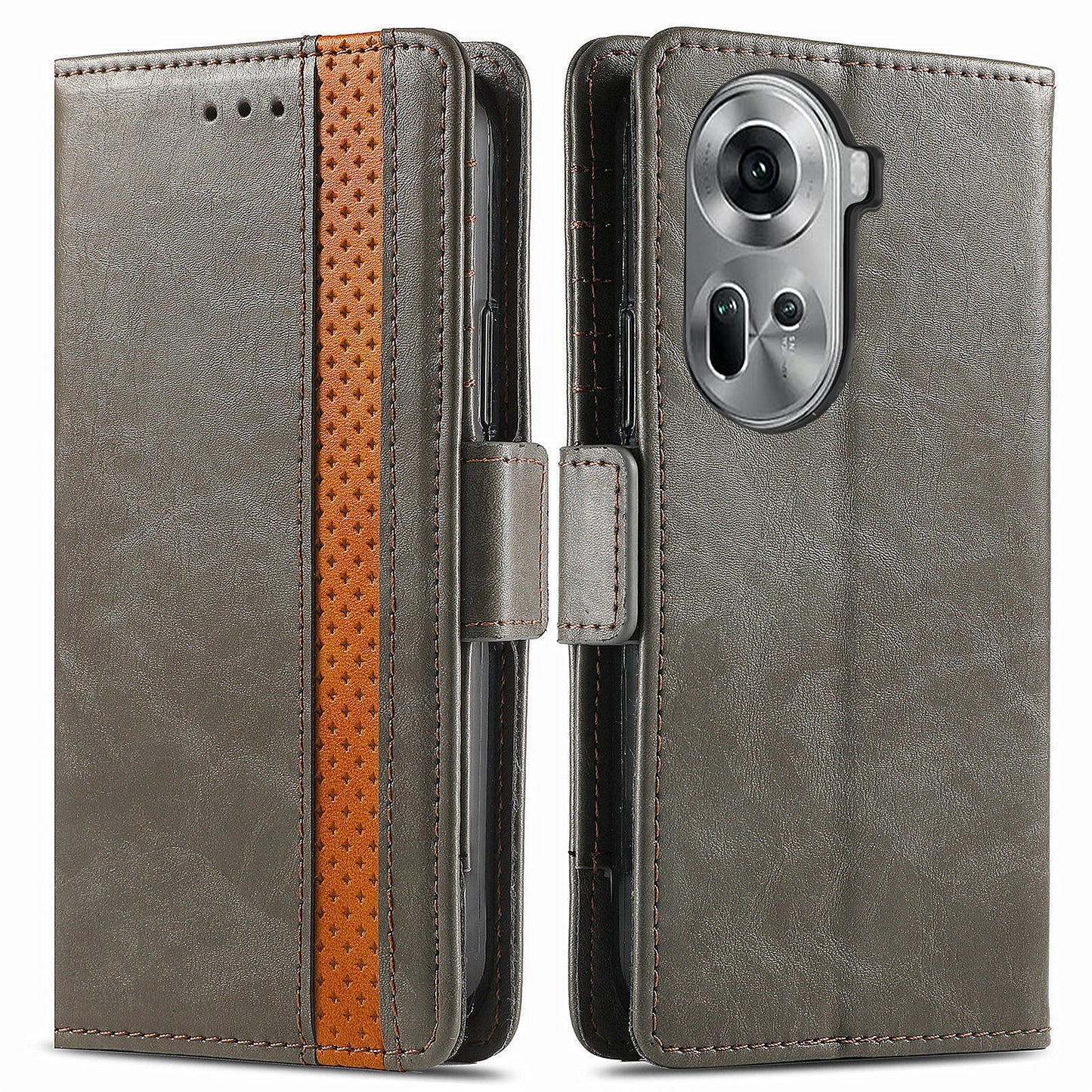 CASENEO 002 Series For Oppo Reno11 5G (Global) Wallet Case Design Splicing Leather Smart Phone Cover - Grey