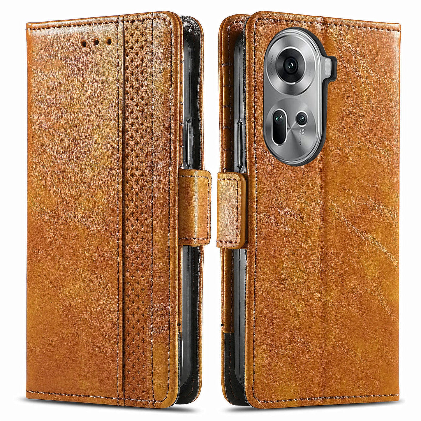 CASENEO 002 Series For Oppo Reno11 5G (Global) Wallet Case Design Splicing Leather Smart Phone Cover - Light Brown