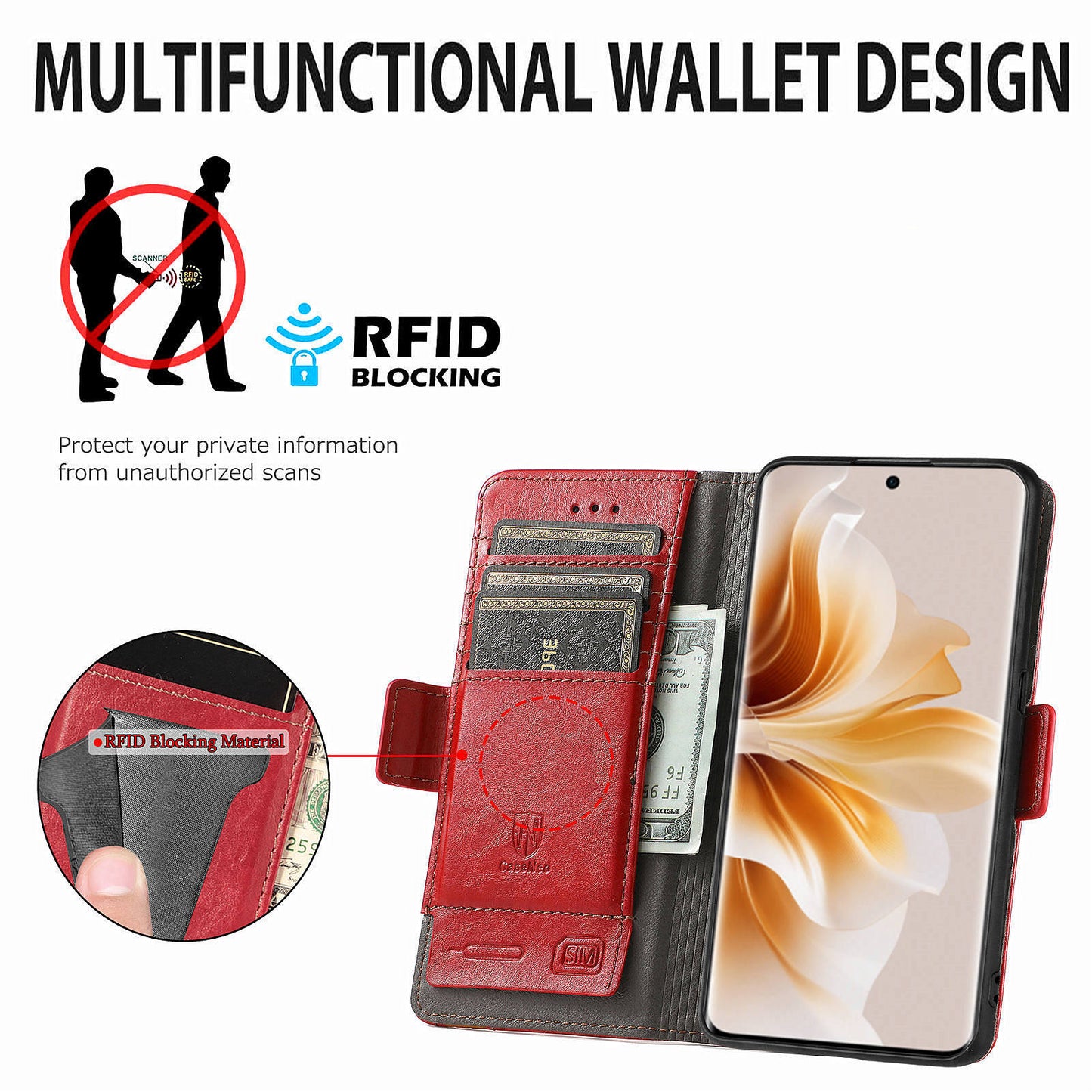 CASENEO 002 Series For Oppo Reno11 5G (Global) Wallet Case Design Splicing Leather Smart Phone Cover - Red