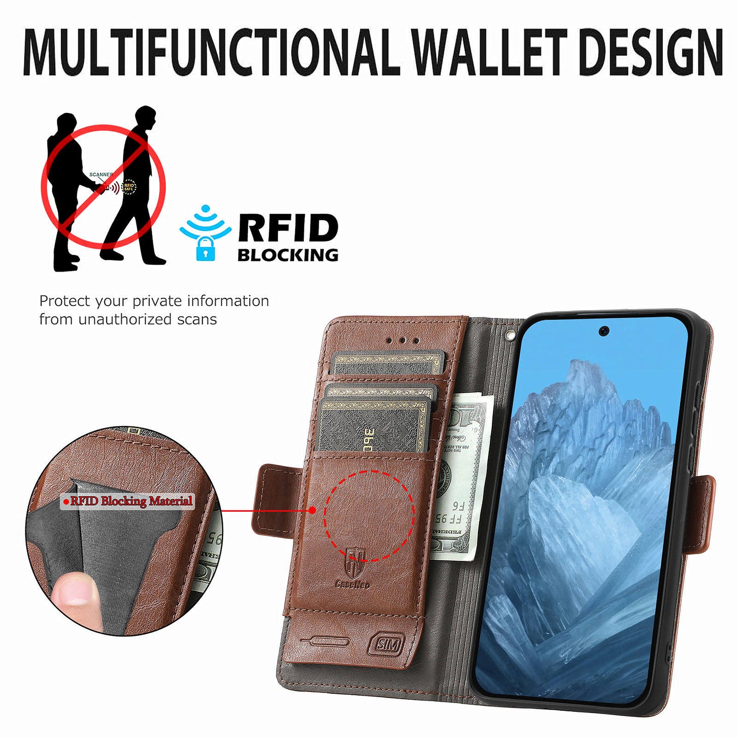 CASENEO 002 Series For Google Pixel 9 Wallet Phone Case Leather Flip Cover Mobile Accessories Wholesale - Dark Brown