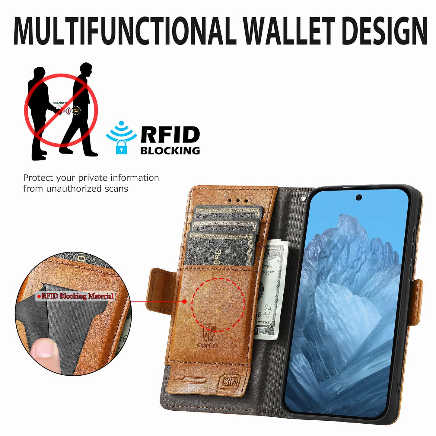 CASENEO 002 Series For Google Pixel 9 Wallet Phone Case Leather Flip Cover Mobile Accessories Wholesale - Light Brown