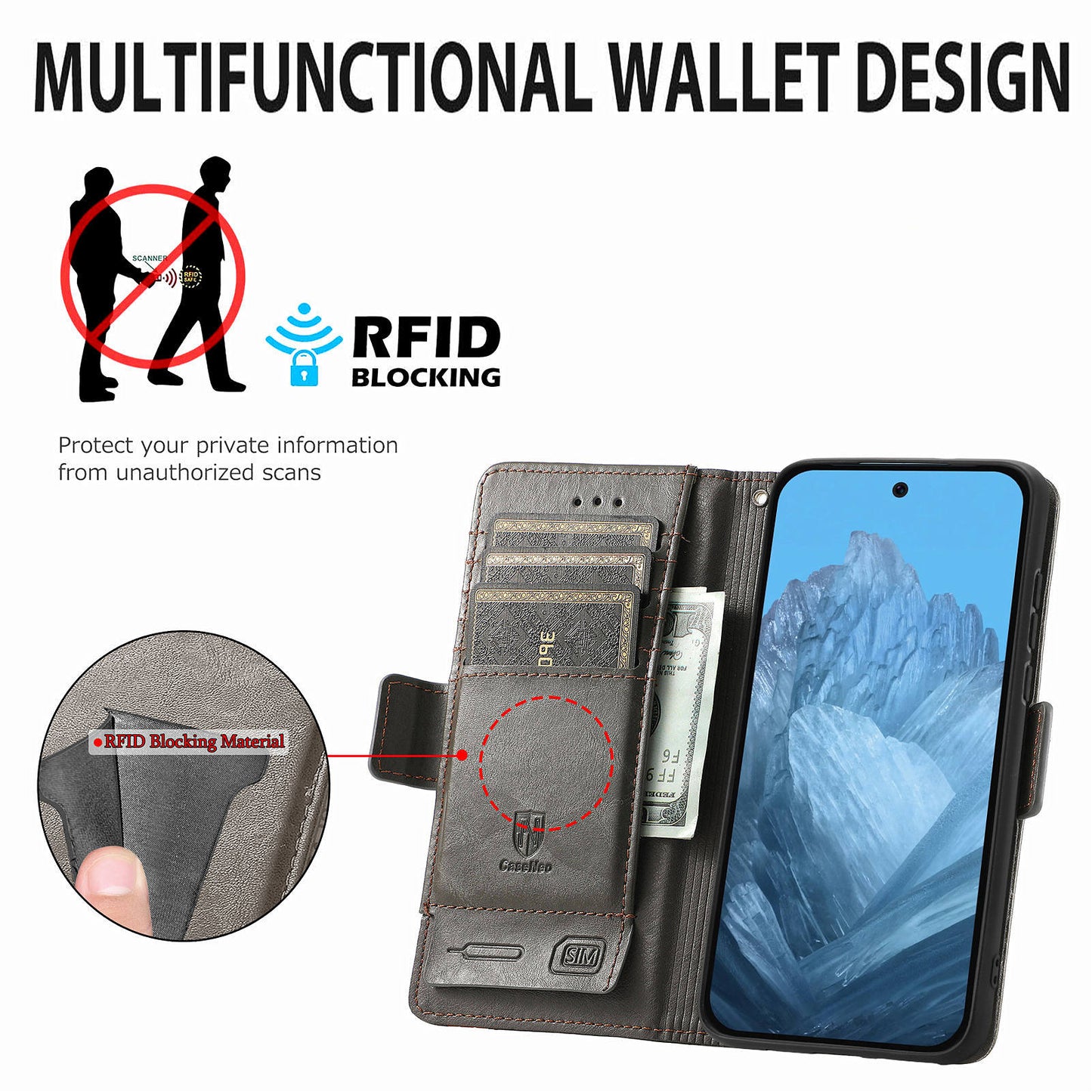 CASENEO 002 Series For Google Pixel 9 Wallet Phone Case Leather Flip Cover Mobile Accessories Wholesale - Grey