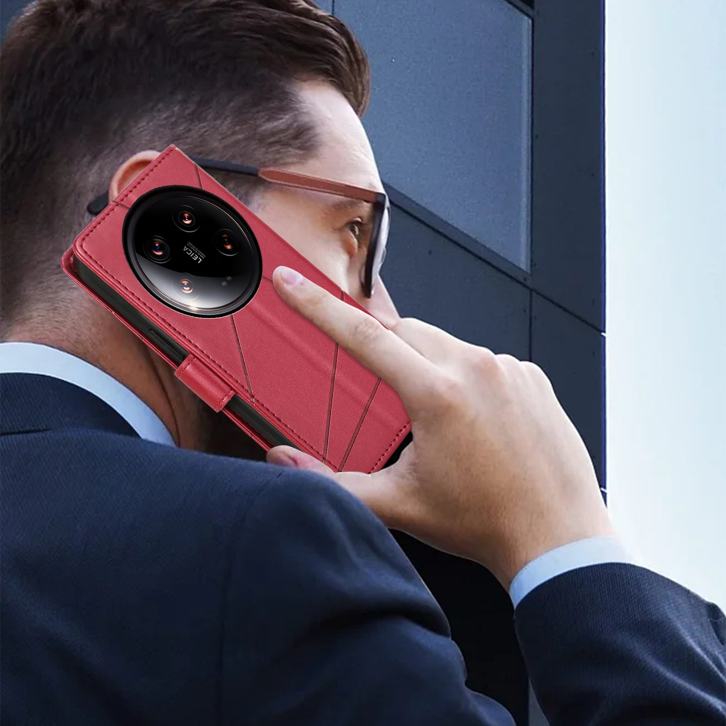 DF-06 For Xiaomi 14 Ultra Case Line Imprinted Leather Phone Cases Wholesale - Red
