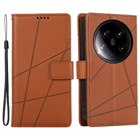 DF-06 For Xiaomi 14 Ultra Case Line Imprinted Leather Phone Cases Wholesale - Brown