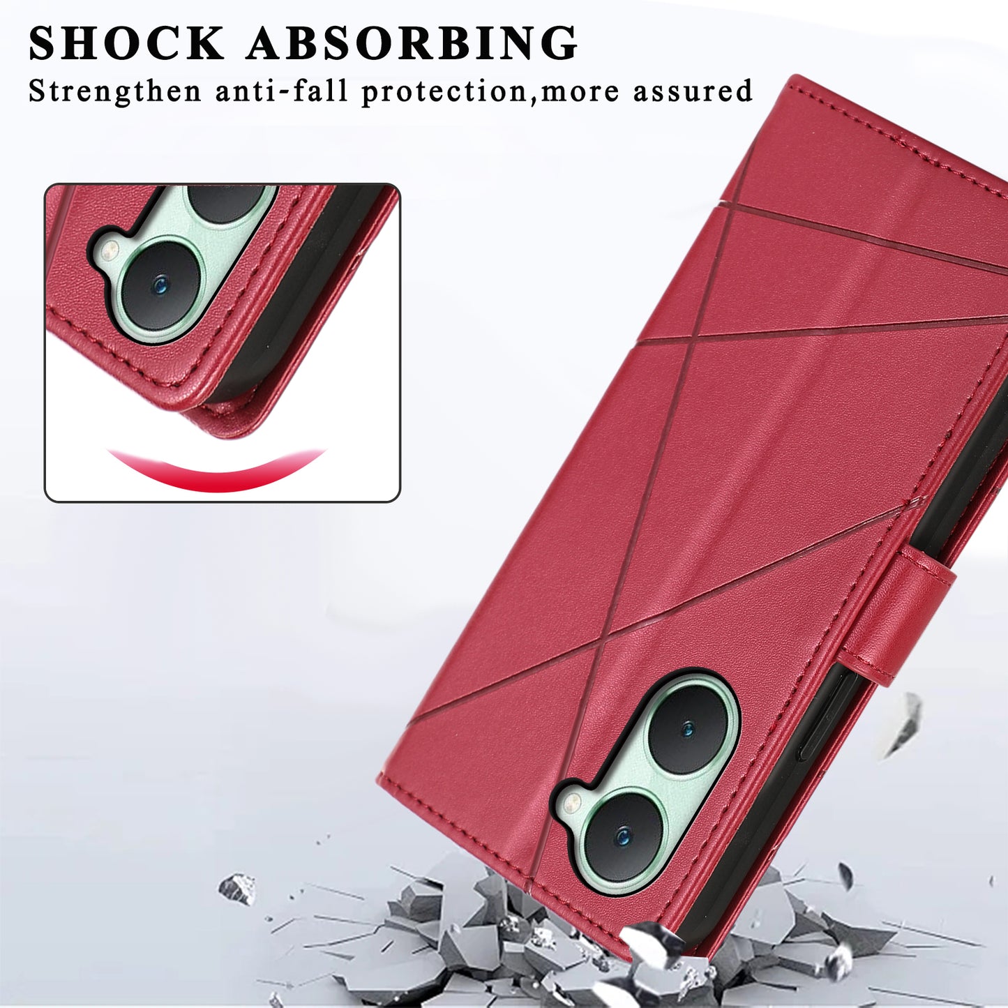 DF-06 For vivo Y03 Phone Case Line Imprinted Leather Cover Cell Phone Parts Wholesale - Red