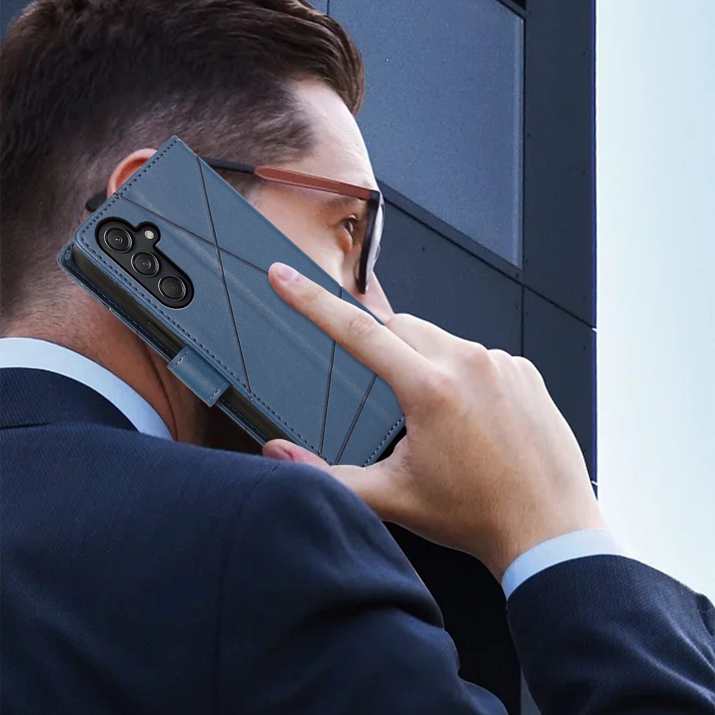DF-06 For Samsung Galaxy M55 5G Case Line Imprint Leather Bump Proof Cover Cell Phone Accessory Wholesale - Blue