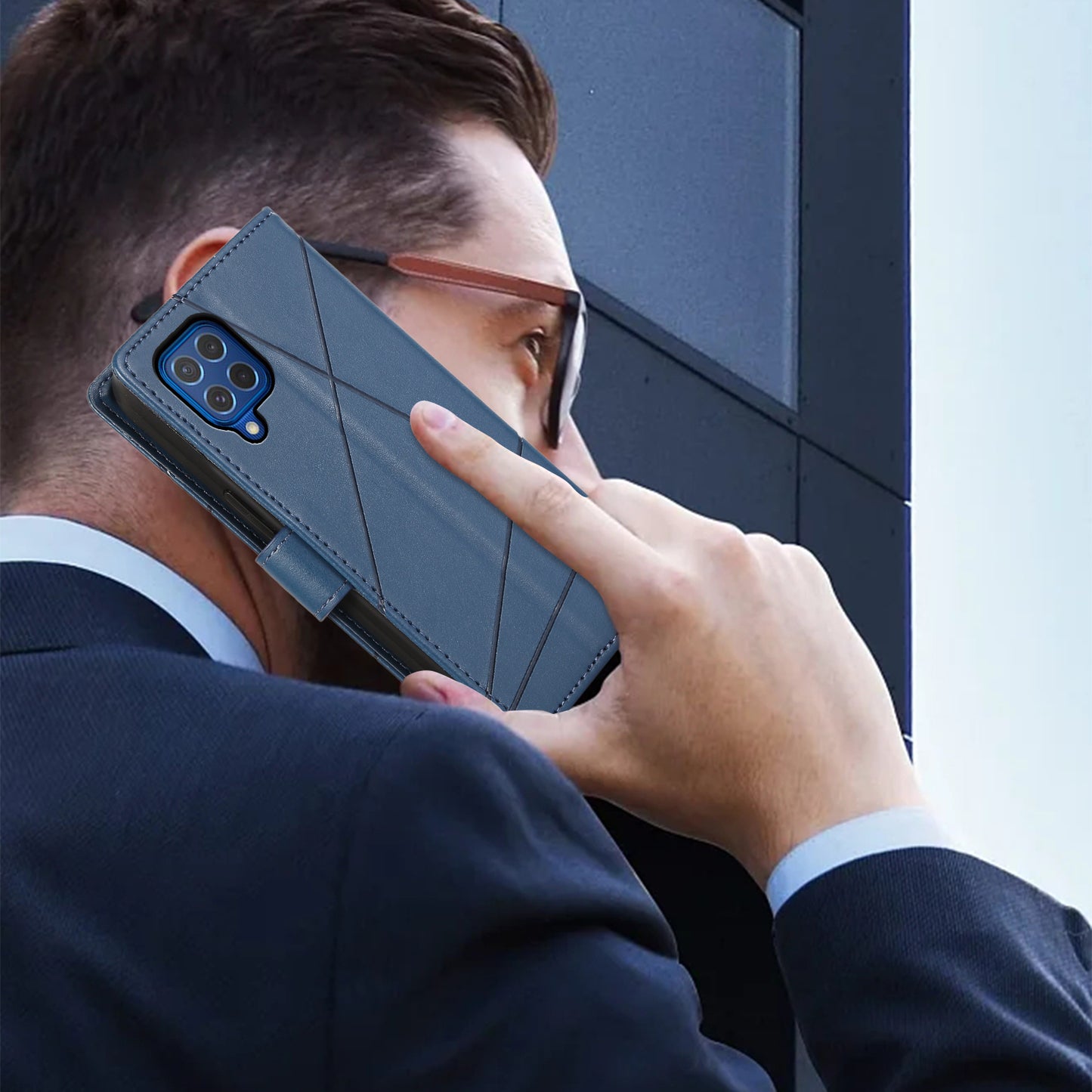 DF-06 For Samsung Galaxy M62 Case PU Leather Line Imprinted Flip Cover Cell Phone Accessories Wholesale - Blue