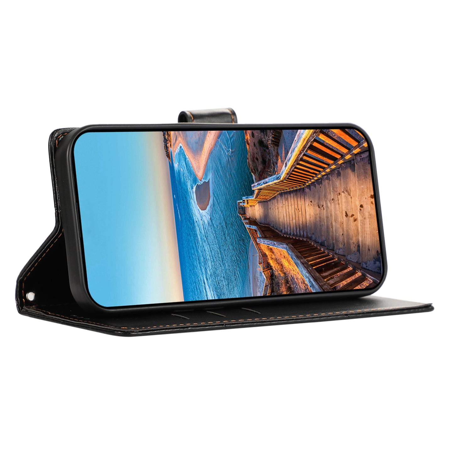 DF-06 For Realme C21 4G Wallet Case Cell Phone Accessory Wholesale Line Imprint Leather Phone Cover - Black