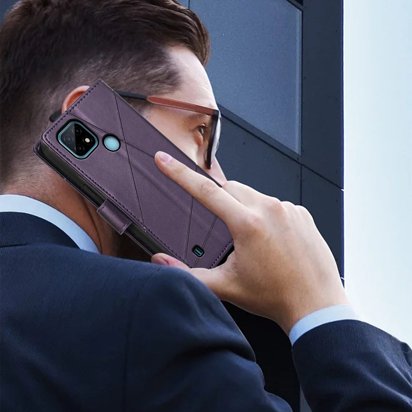 DF-06 For Realme C21 4G Wallet Case Cell Phone Accessory Wholesale Line Imprint Leather Phone Cover - Purple