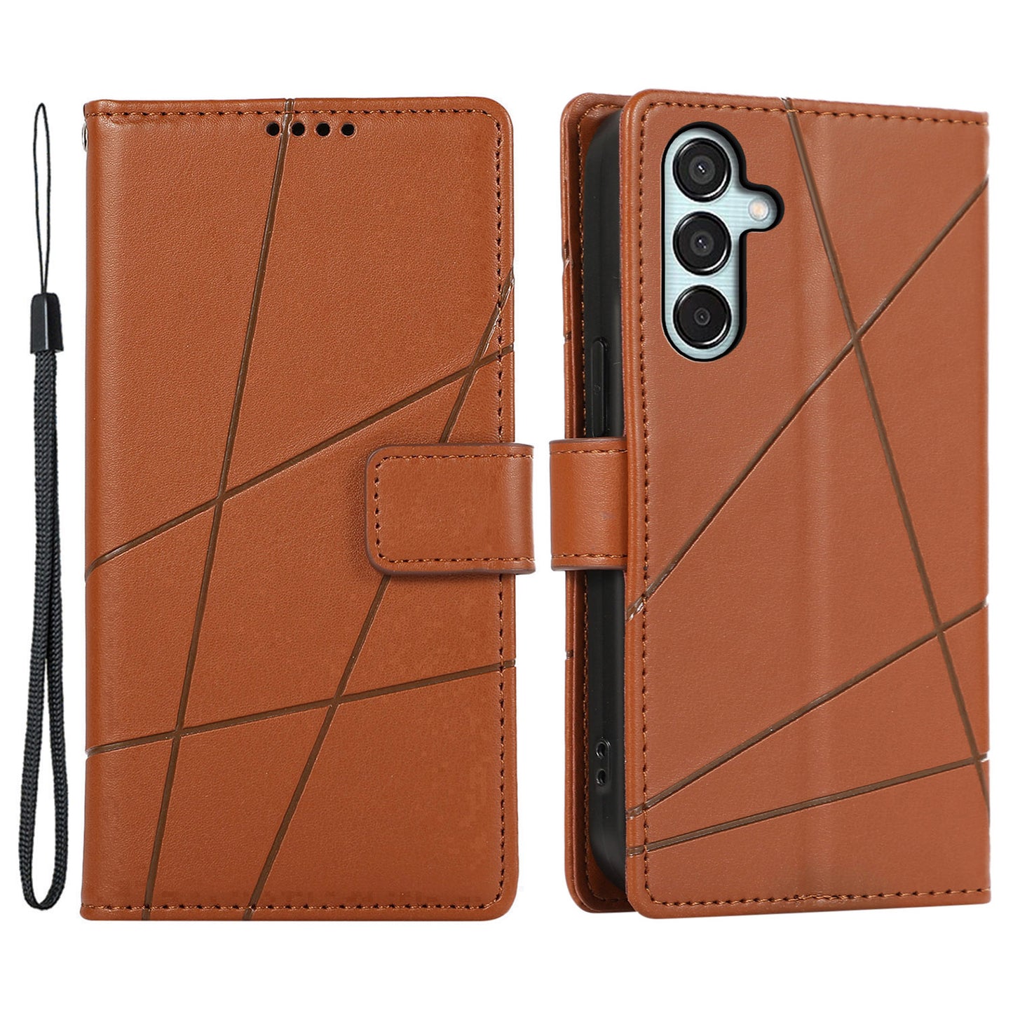 DF-06 For Samsung Galaxy M15 5G / F15 5G Case Line Imprinted Leather Flip Cover Mobile Accessories Wholesale - Brown