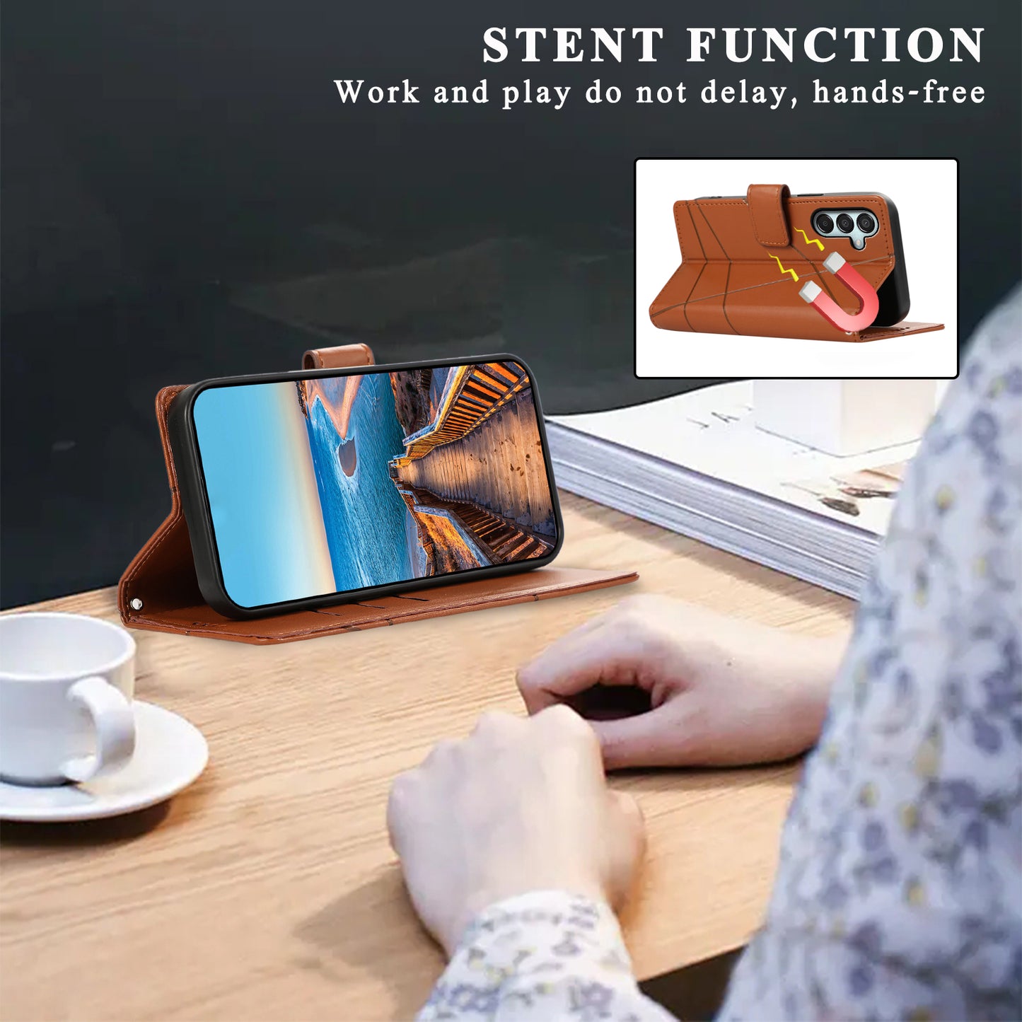 DF-06 For Samsung Galaxy M15 5G / F15 5G Case Line Imprinted Leather Flip Cover Mobile Accessories Wholesale - Brown