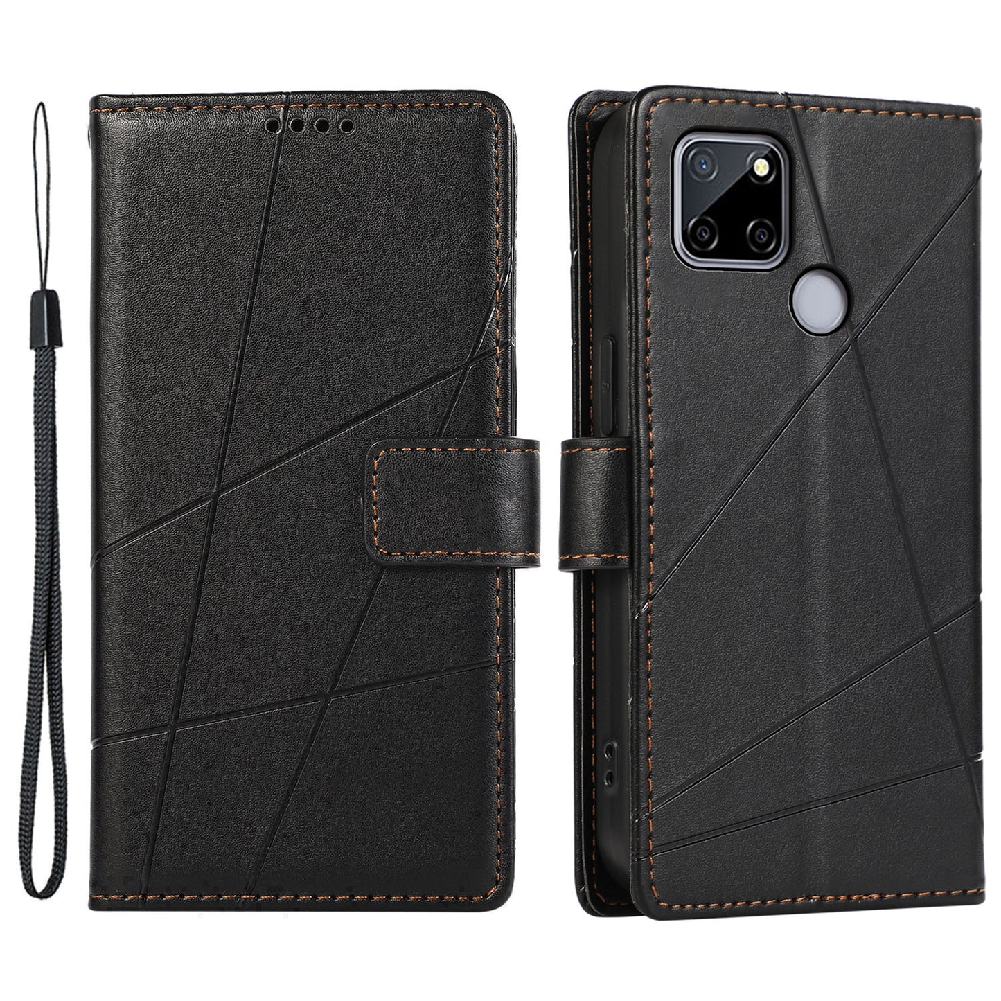 DF-06 For Realme C12 Case Mobile Accessories Wholesale Line Imprinted PU Leather Wallet Phone Cover - Black