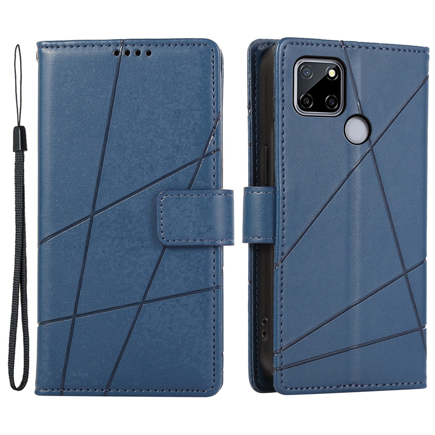 DF-06 For Realme C12 Case Mobile Accessories Wholesale Line Imprinted PU Leather Wallet Phone Cover - Blue