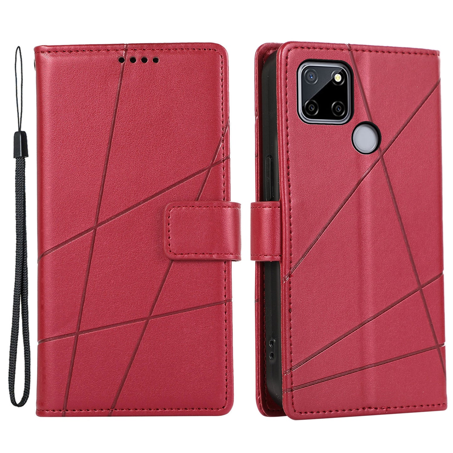 DF-06 For Realme C12 Case Mobile Accessories Wholesale Line Imprinted PU Leather Wallet Phone Cover - Red