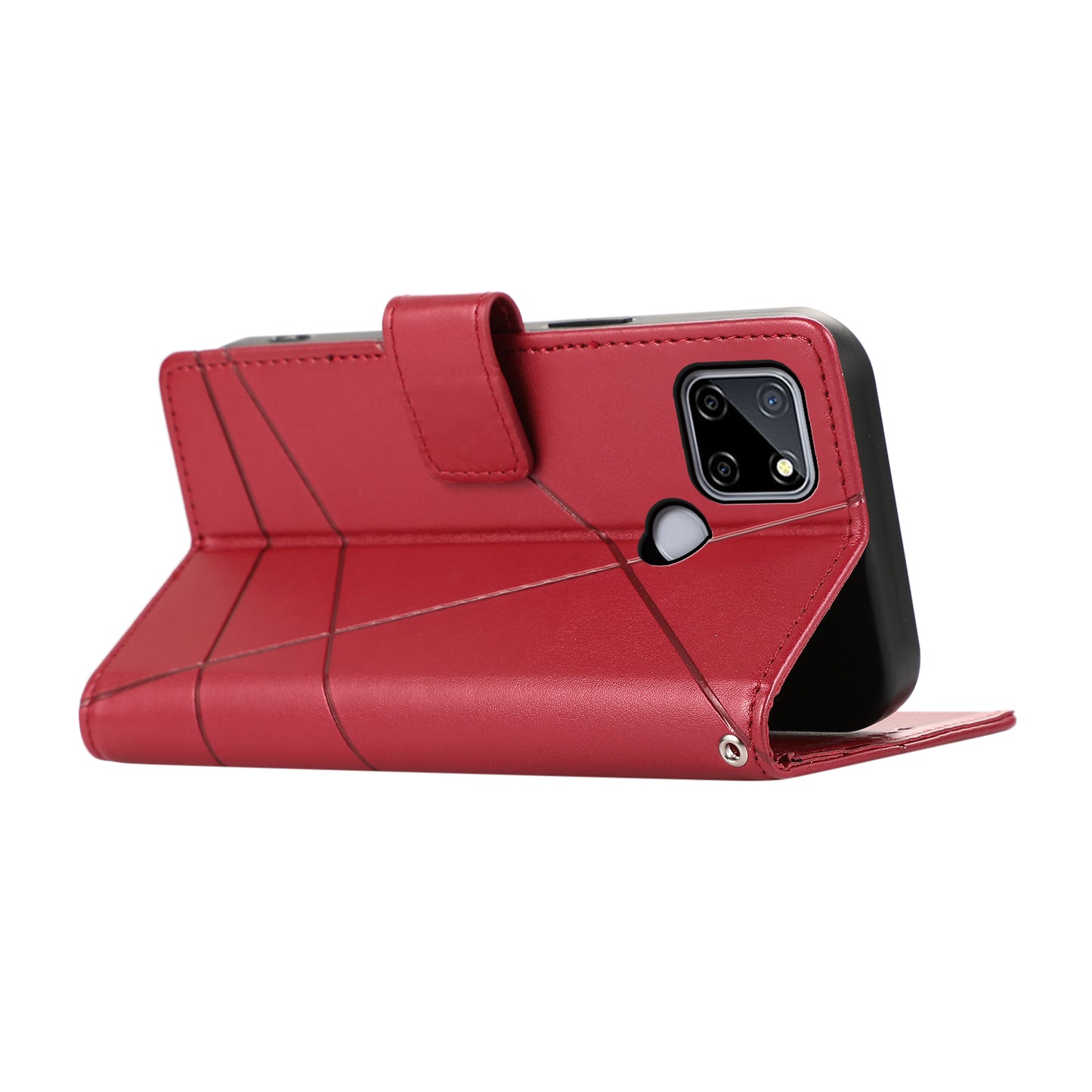 DF-06 For Realme C12 Case Mobile Accessories Wholesale Line Imprinted PU Leather Wallet Phone Cover - Red
