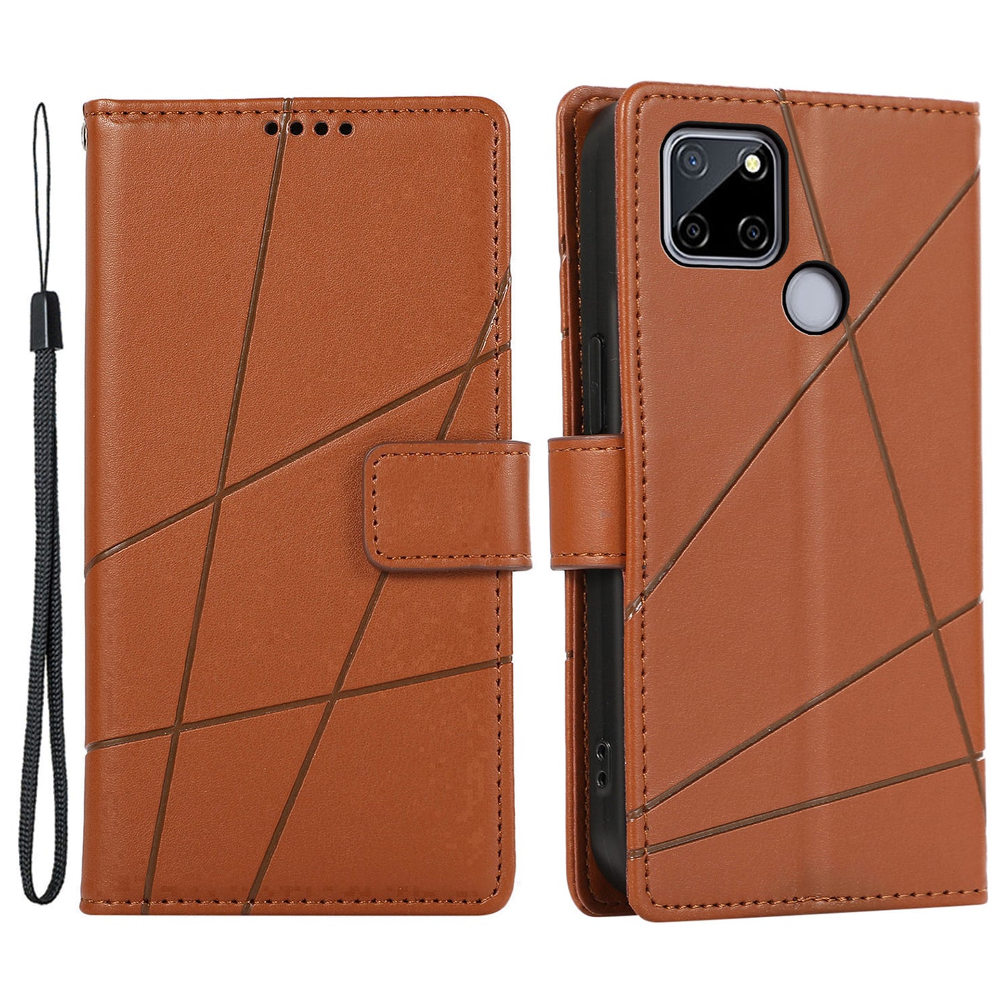DF-06 For Realme C12 Case Mobile Accessories Wholesale Line Imprinted PU Leather Wallet Phone Cover - Brown