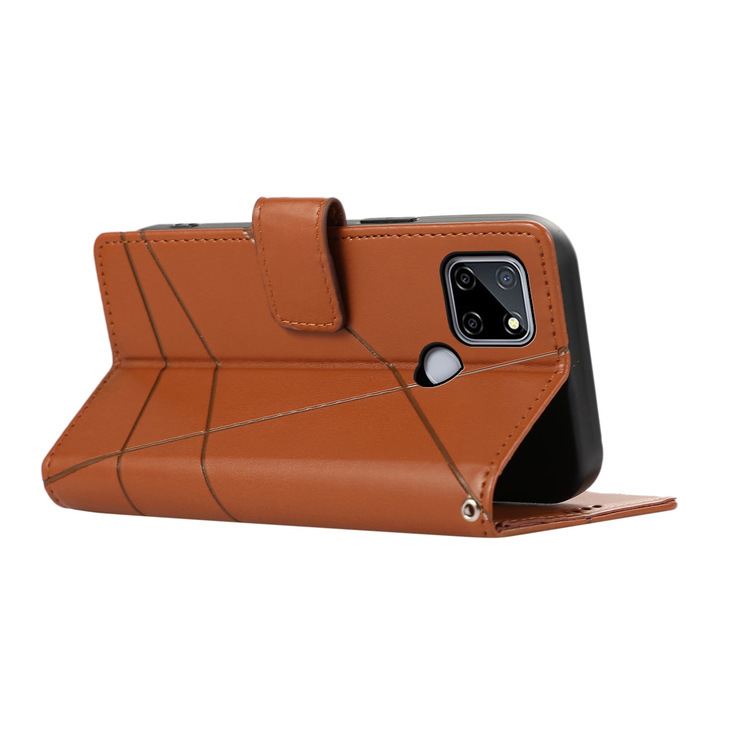 DF-06 For Realme C12 Case Mobile Accessories Wholesale Line Imprinted PU Leather Wallet Phone Cover - Brown