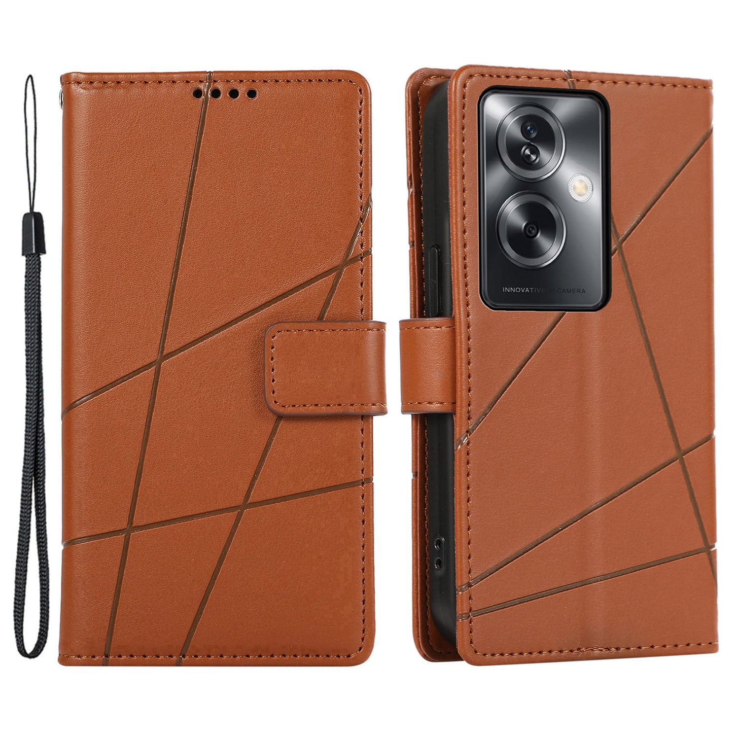 DF-06 For Oppo A2 5G / A79 5G Phone Case Line Imprint Wallet Cover Wholesale Cell Phone Accessories - Brown