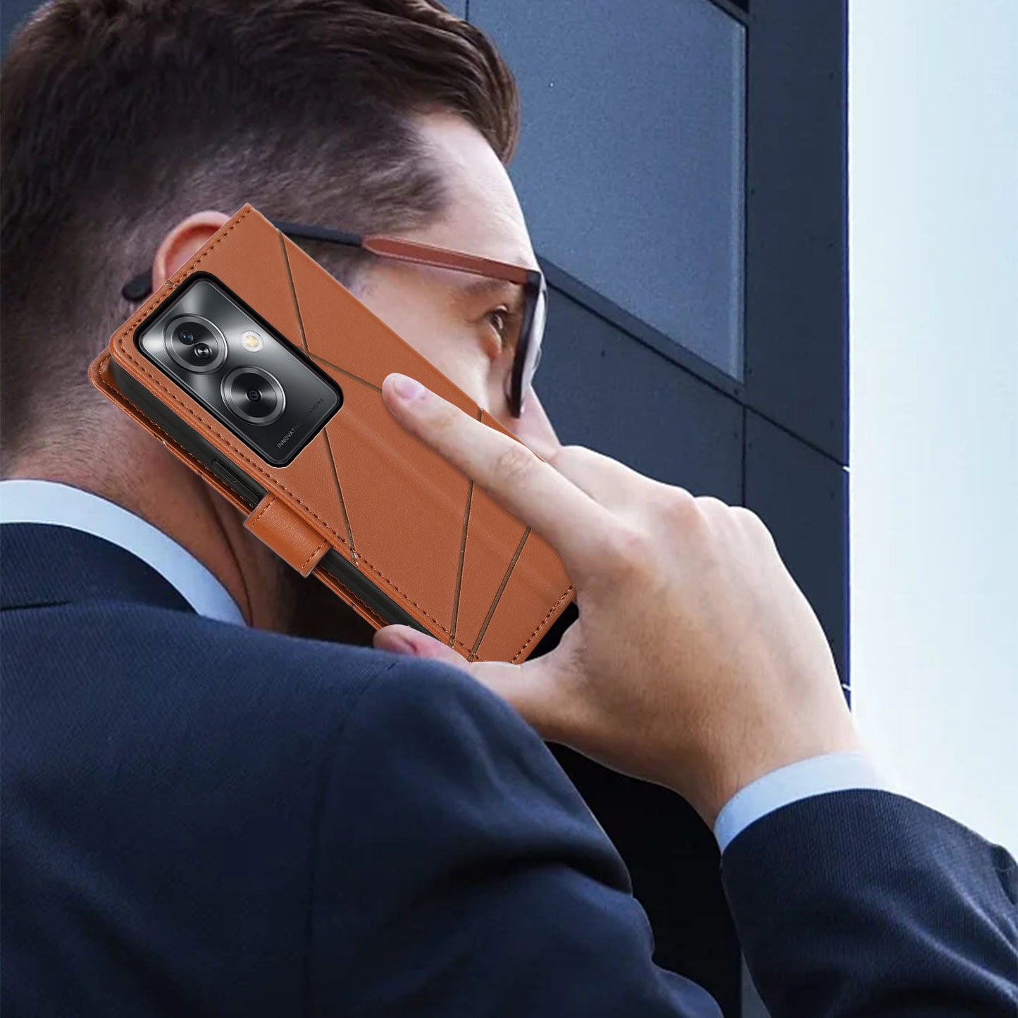 DF-06 For Oppo A2 5G / A79 5G Phone Case Line Imprint Wallet Cover Wholesale Cell Phone Accessories - Brown