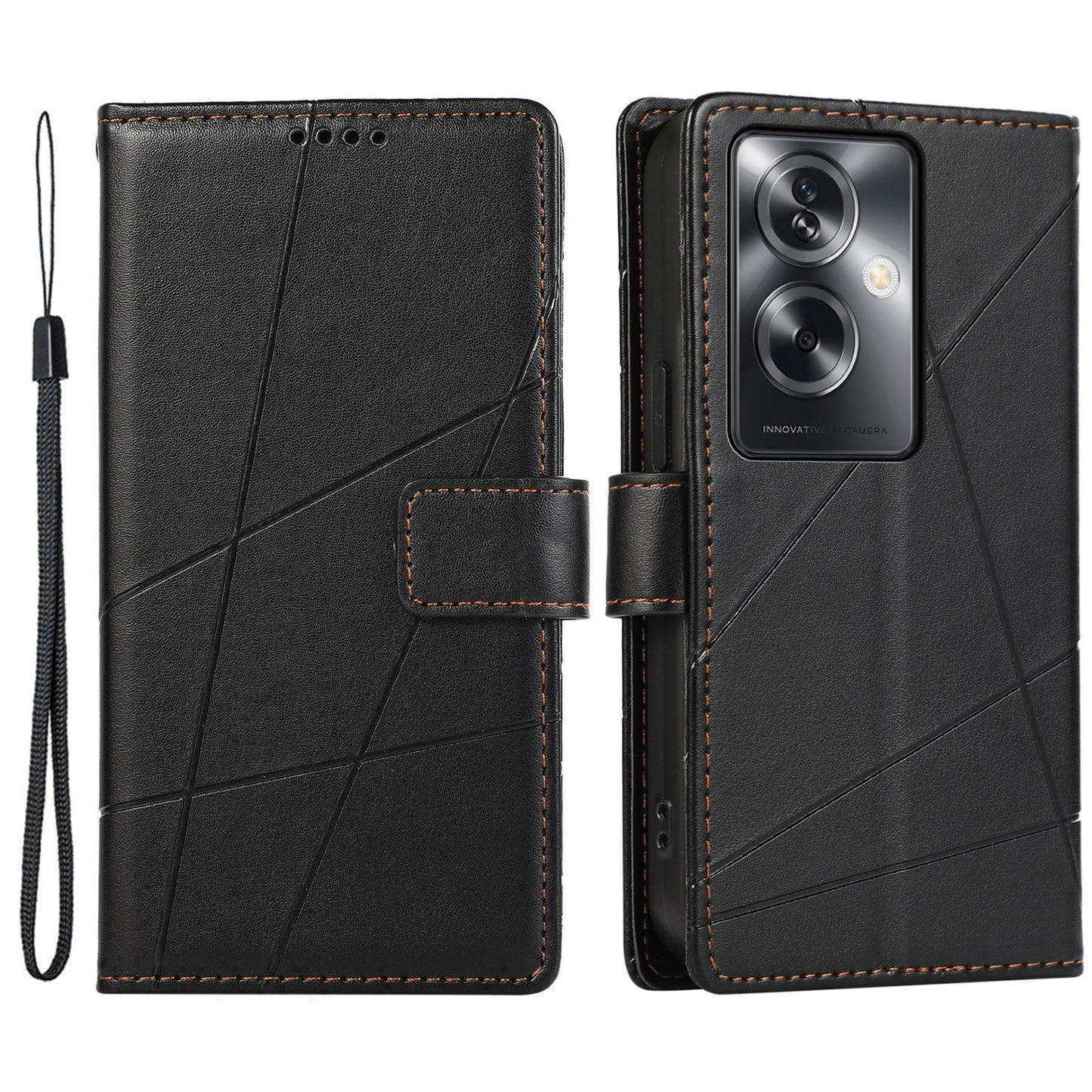 DF-06 For Oppo A2 5G / A79 5G Phone Case Line Imprint Wallet Cover Wholesale Cell Phone Accessories - Black