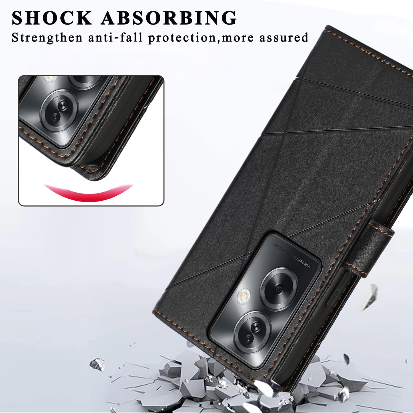 DF-06 For Oppo A2 5G / A79 5G Phone Case Line Imprint Wallet Cover Wholesale Cell Phone Accessories - Black