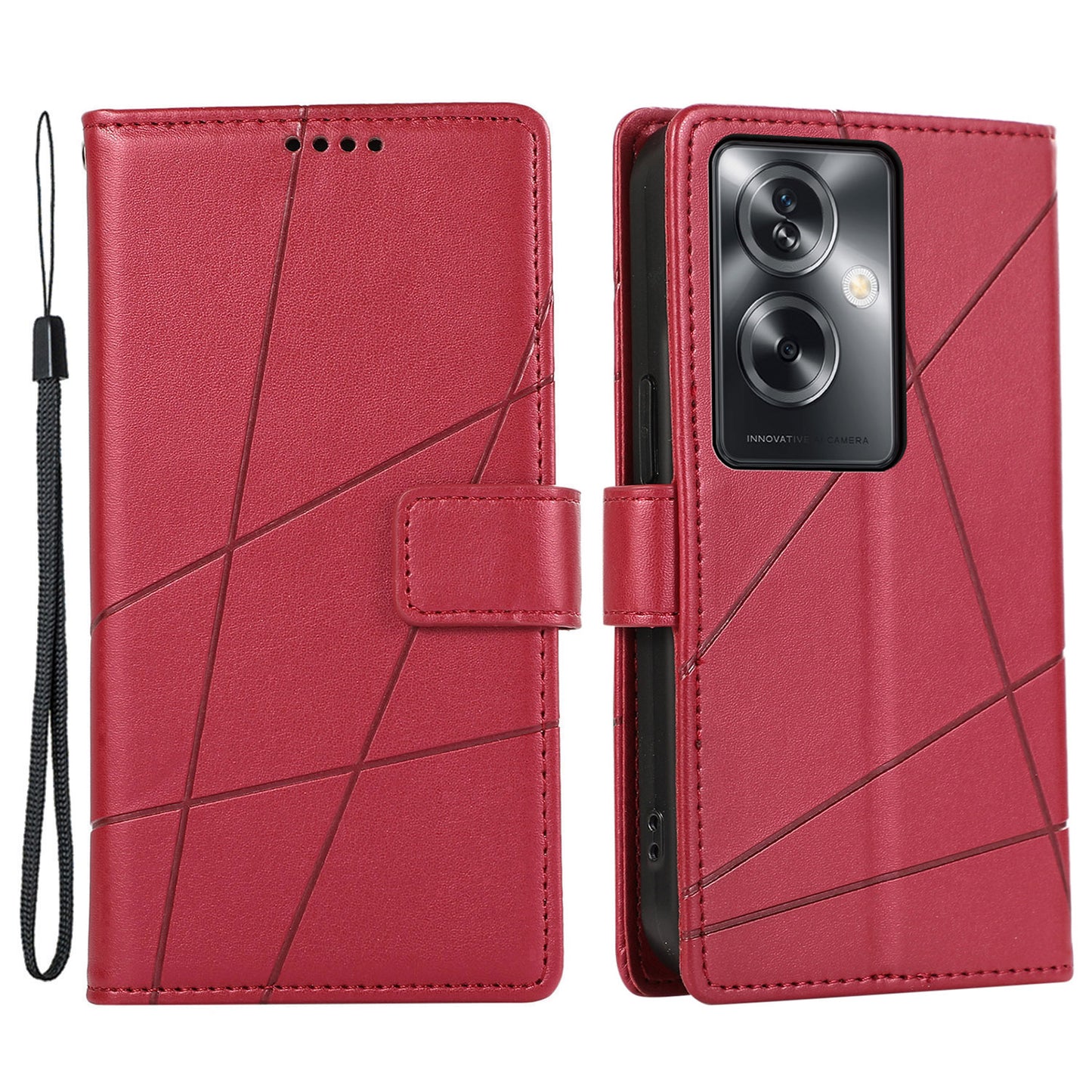 DF-06 For Oppo A2 5G / A79 5G Phone Case Line Imprint Wallet Cover Wholesale Cell Phone Accessories - Red