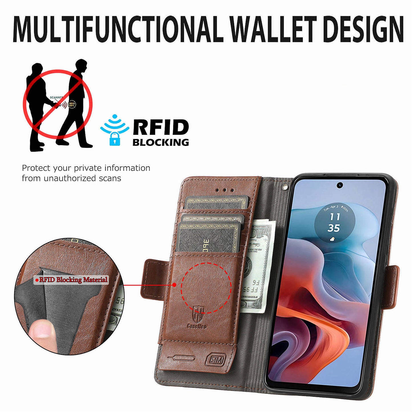 CASENEO 002 Series For Motorola Moto G34 5G Phone Cases Wholesale Splicing Leather Wallet Cover - Dark Brown